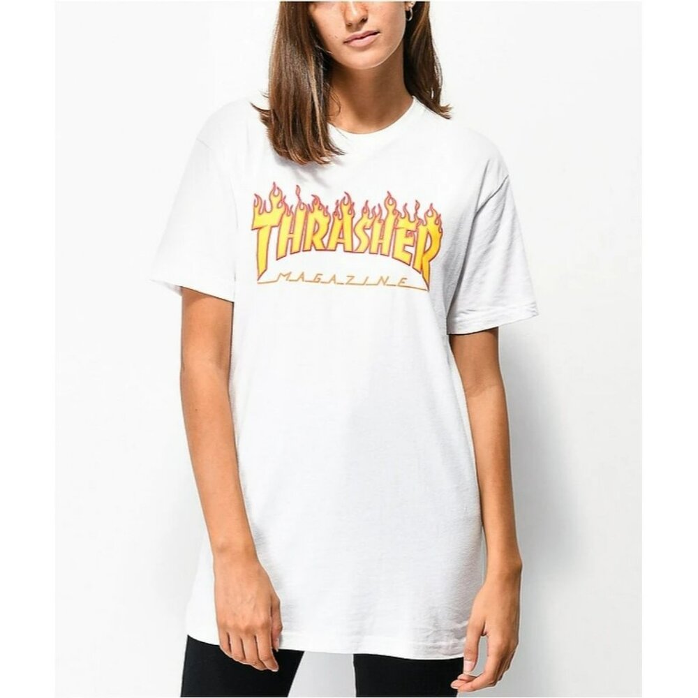 Thrasher Magazine White Boyfriend Fit T-Shirt With Flame Logo XS 100% Cotton Ska